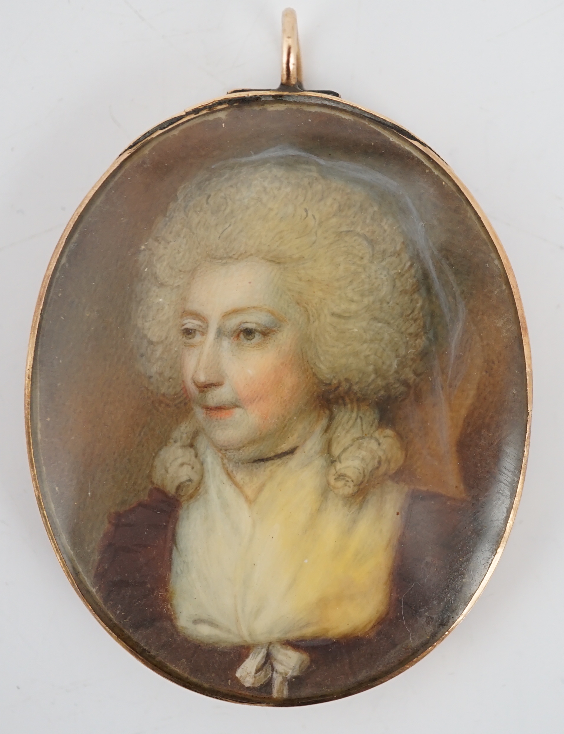 Attributed to John Bogle (British, 1746-1803), Portrait miniature of a lady, oil on ivory, 4.5 x 3.7cm. CITES Submission reference HW3B76TH